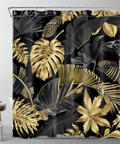 Tropical Plant Palm Leaf On Black Shower Curtain With Modern Design For Bathroom Decor