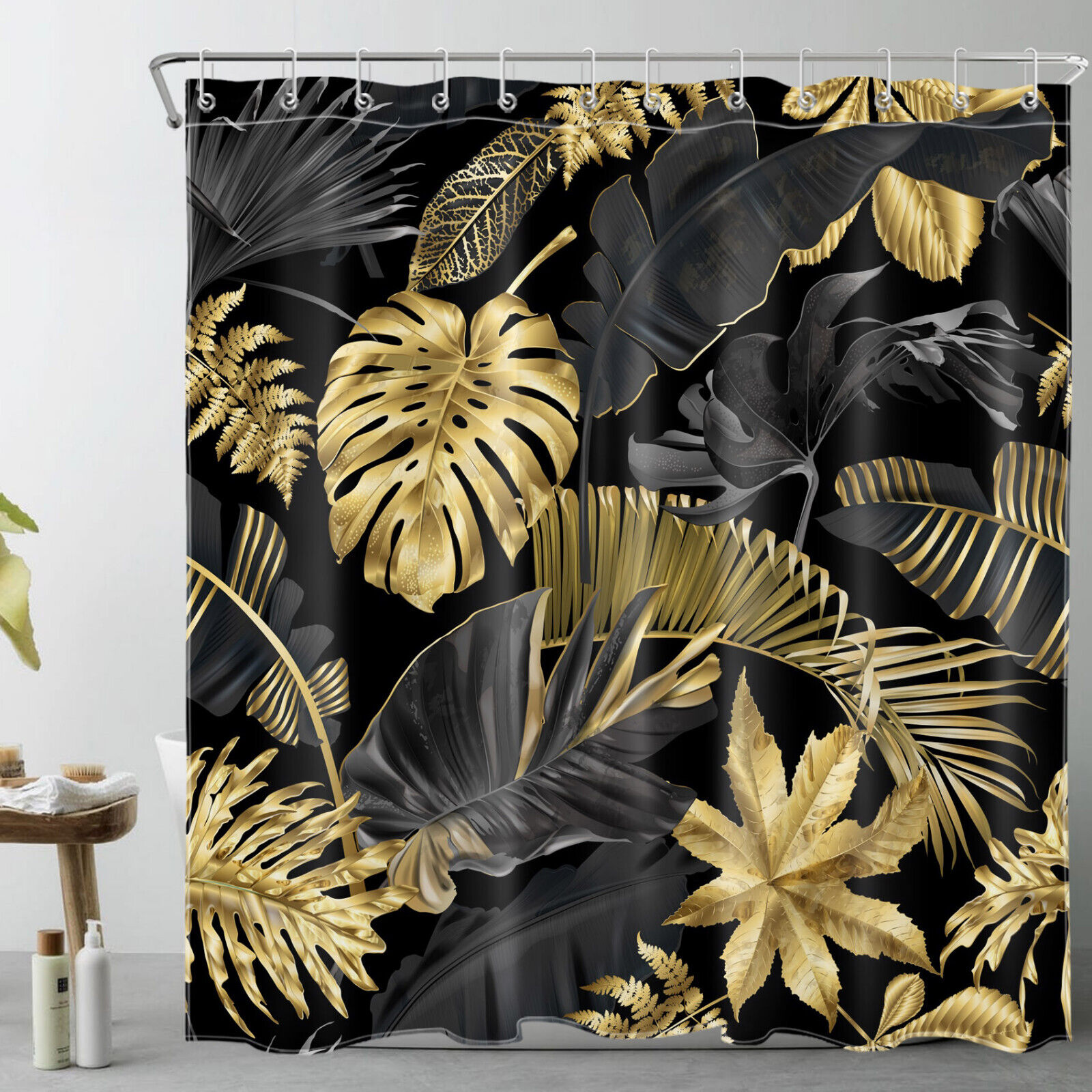 Tropical Plant Palm Leaf On Black Shower Curtain With Modern Design For Bathroom Decor