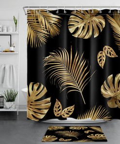 Tropical Plant Palm Leaf Shower Curtain Bathroom Accessories Set With Black And Gold Prints - Waterproof Fabric