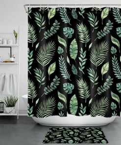 Tropical Plant Palm Leaf Shower Curtain In Black Background, Bring Some Tropics To Your Bathroom Decor