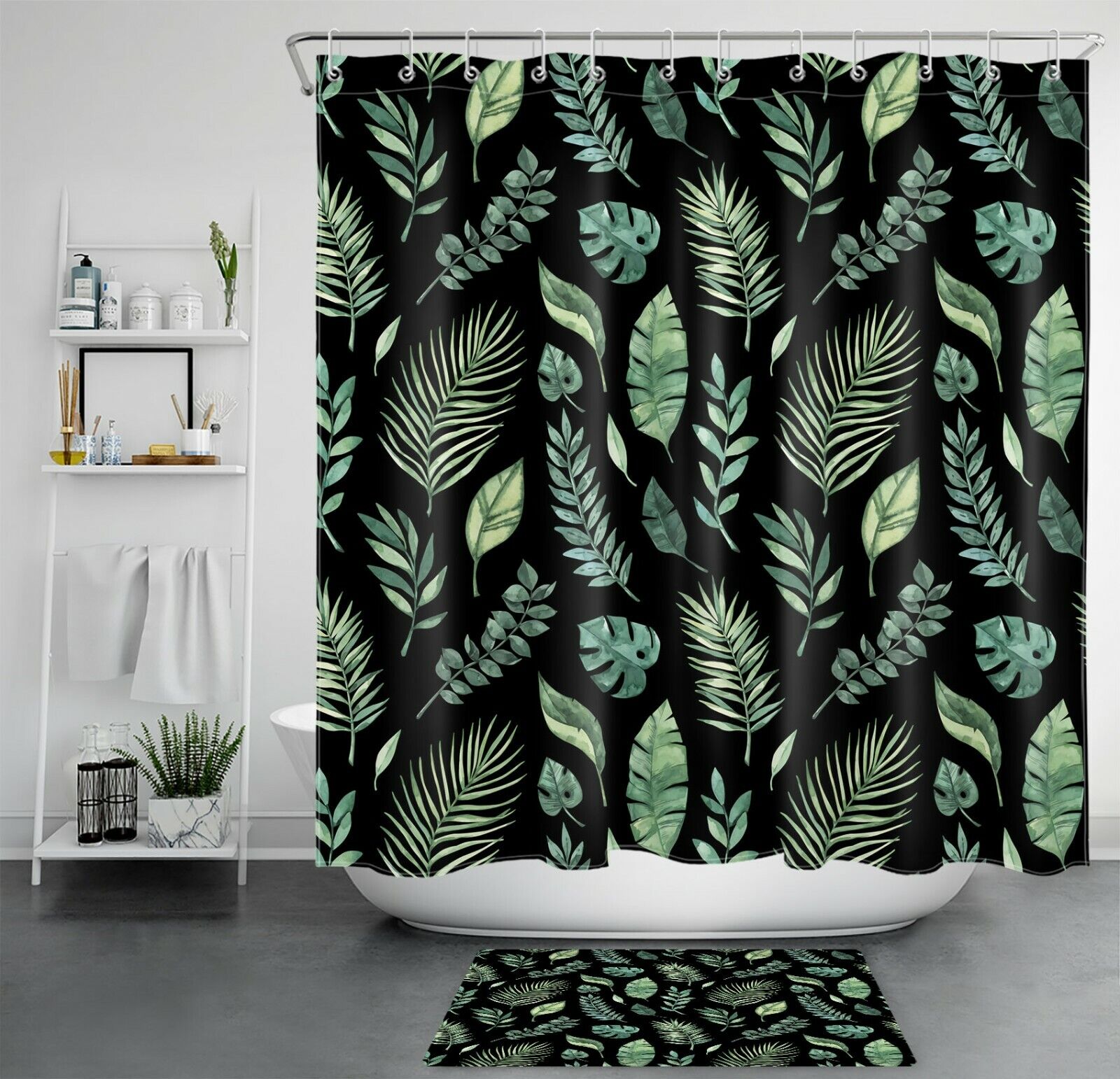 Tropical Plant Palm Leaf Shower Curtain In Black Background, Bring Some Tropics To Your Bathroom Decor