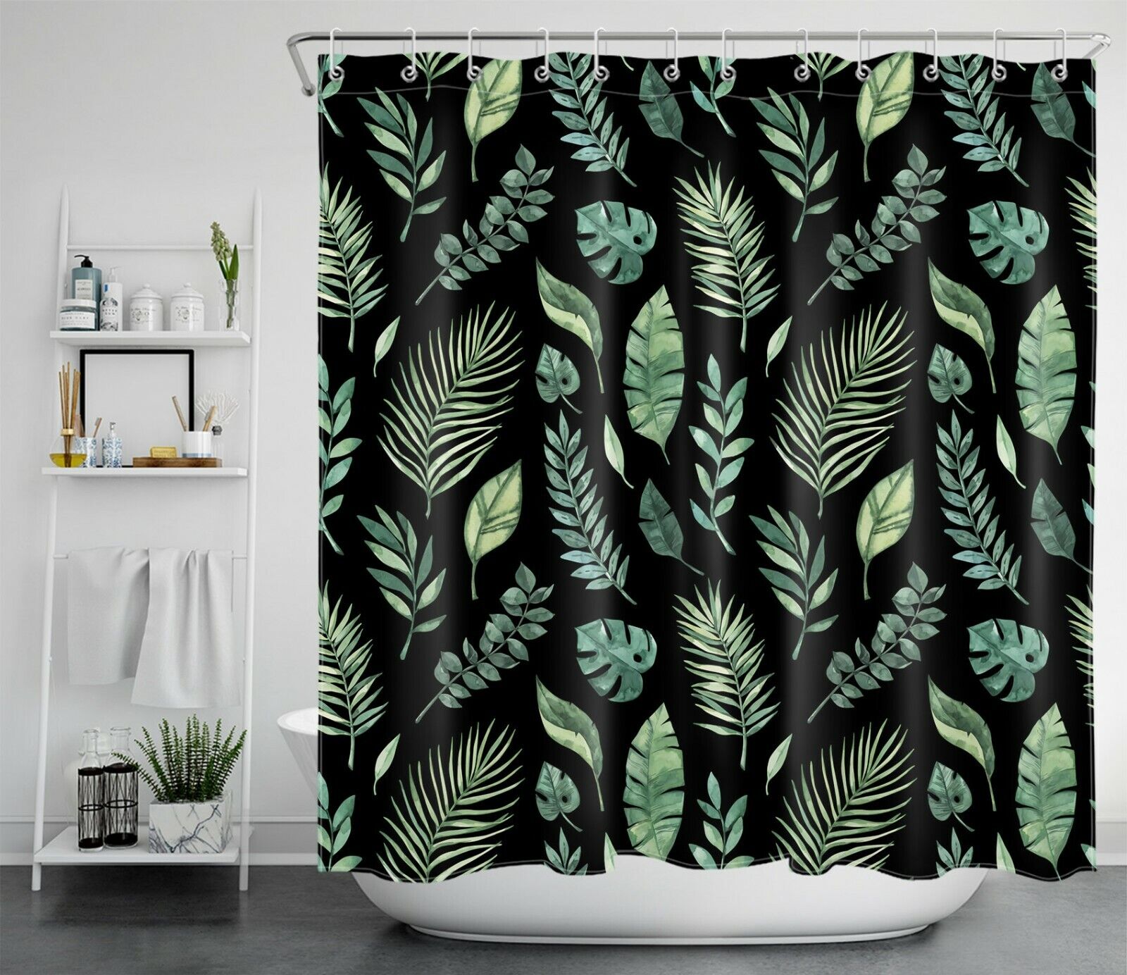 Tropical Plant Palm Leaf Shower Curtain In Black Background, Bring Some Tropics To Your Bathroom Decor - Image 2