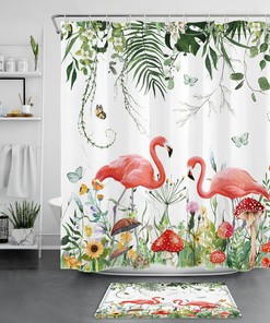 Tropical Plant Pink Flamingo Mushroom Box Curtain for Bathroom Decoration with Plant Print