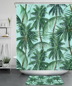 Tropical Plant Print Green Backdrop Shower Curtain For Bathroom Decor