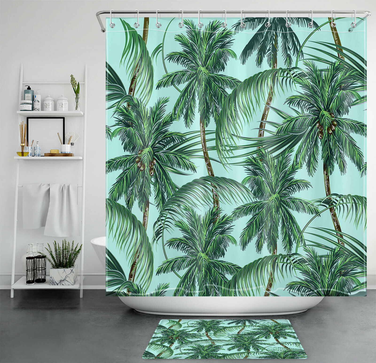 Tropical Plant Print Green Backdrop Shower Curtain For Bathroom Decor