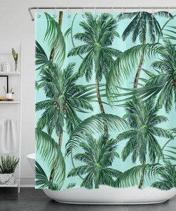 Tropical Plant Print Green Backdrop Shower Curtain For Bathroom Decor