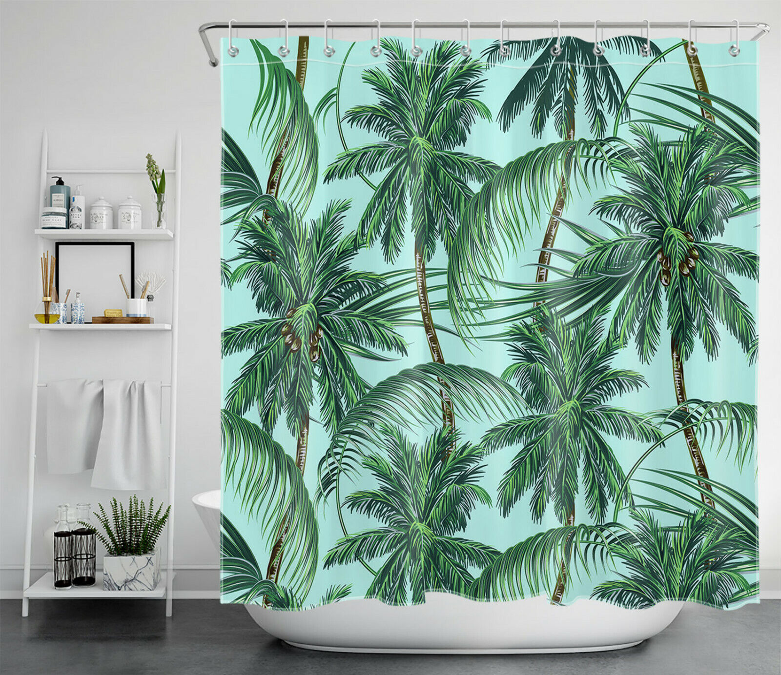 Tropical Plant Print Green Backdrop Shower Curtain For Bathroom Decor