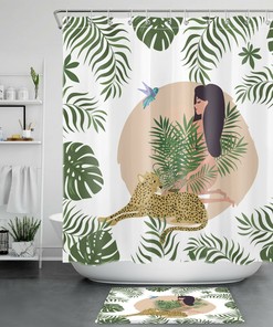 Tropical Plant Print Leopard Woman Shower Curtain for Palm Leaf Bathroom Accessory 