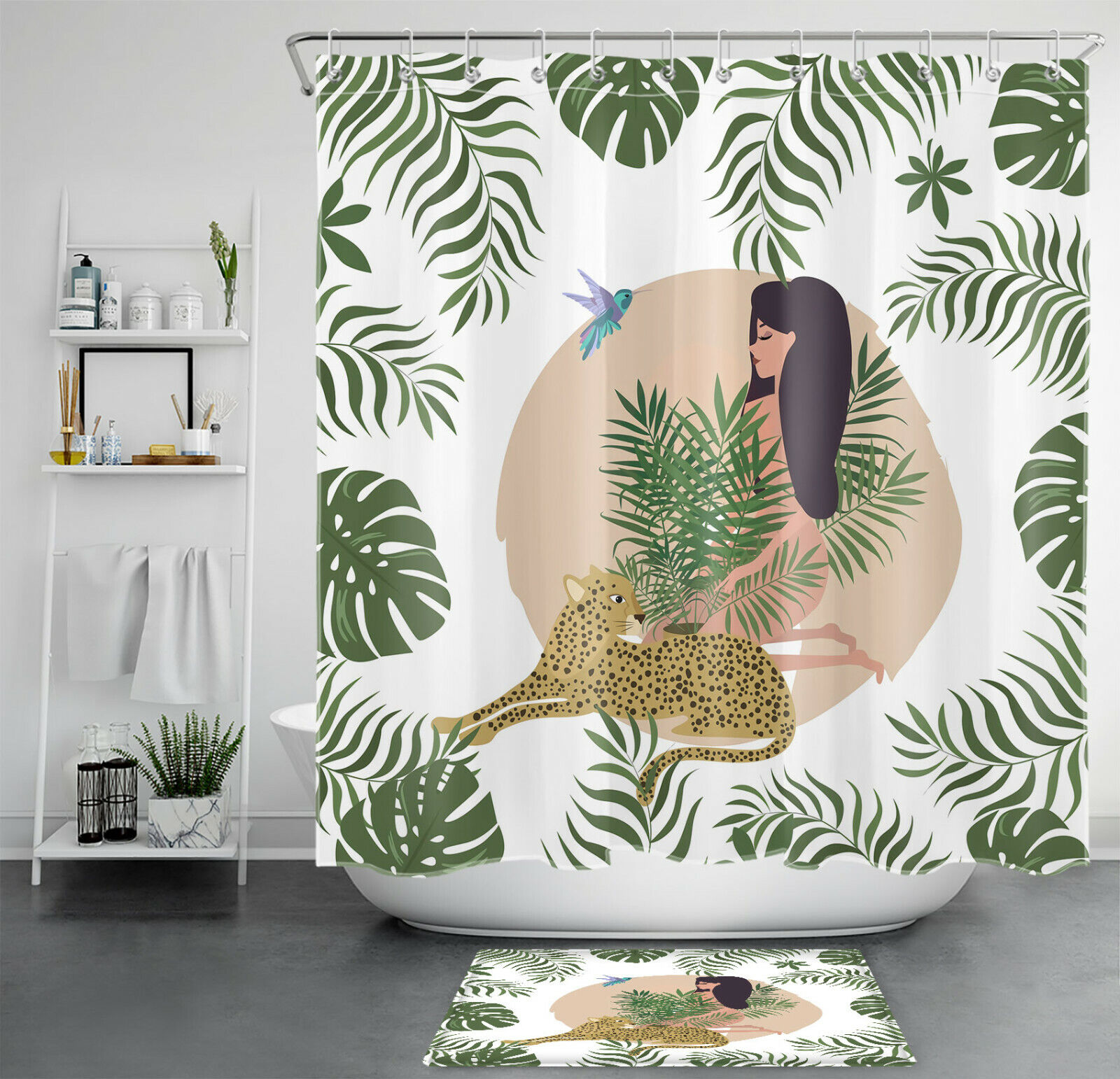 Tropical Plant Print Leopard Woman Shower Curtain for Palm Leaf Bathroom Accessory