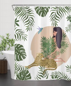 Tropical Plant Print Leopard Woman Shower Curtain for Palm Leaf Bathroom Accessory