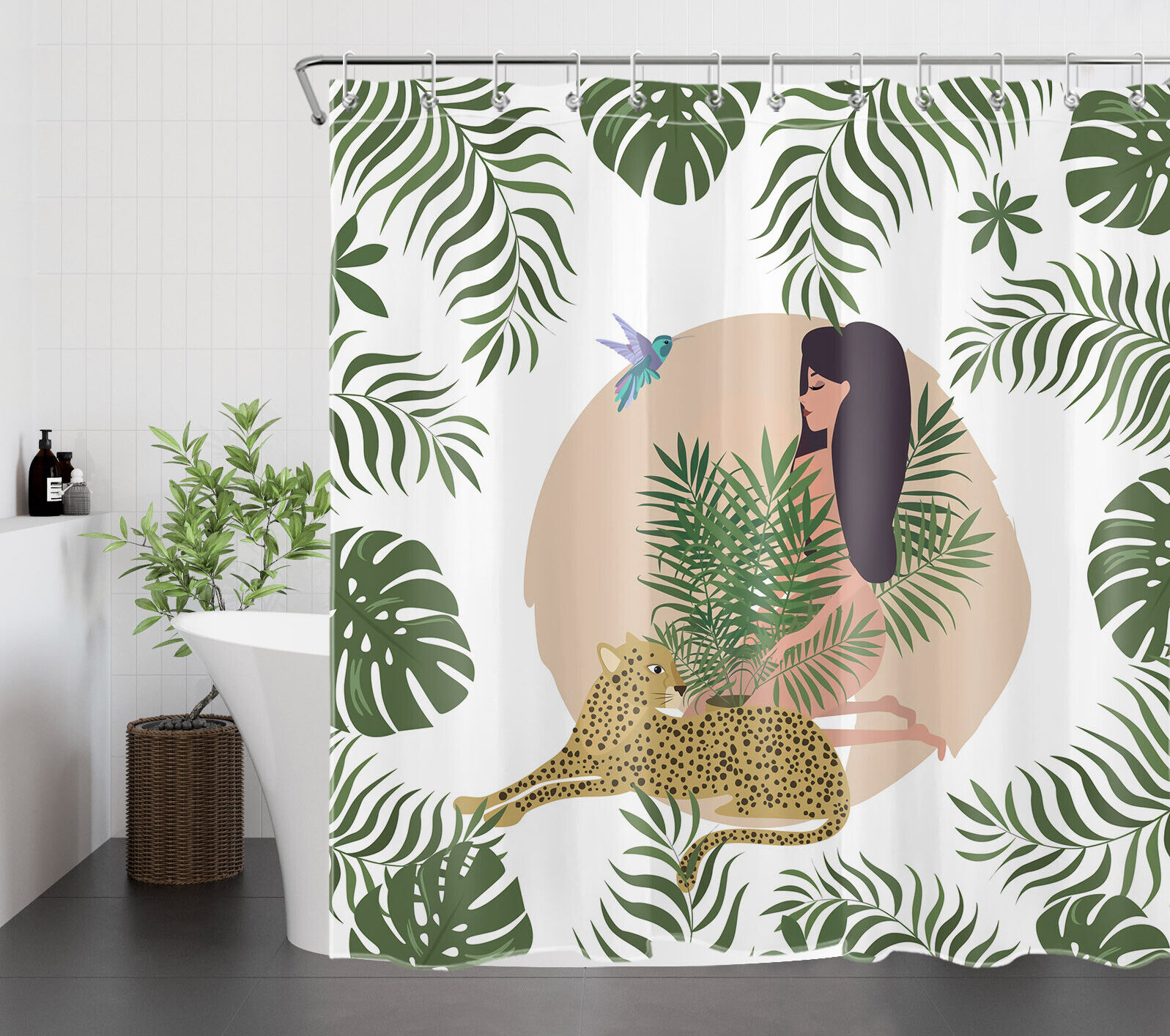 Tropical Plant Print Leopard Woman Shower Curtain for Palm Leaf Bathroom Accessory