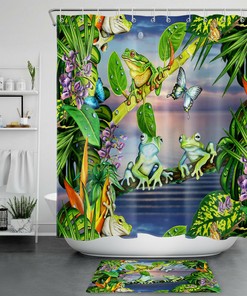 Tropical Plant Shower Curtain Kit Bathroom Decor with Palm Leaf Frog Flower and Butterfly Print