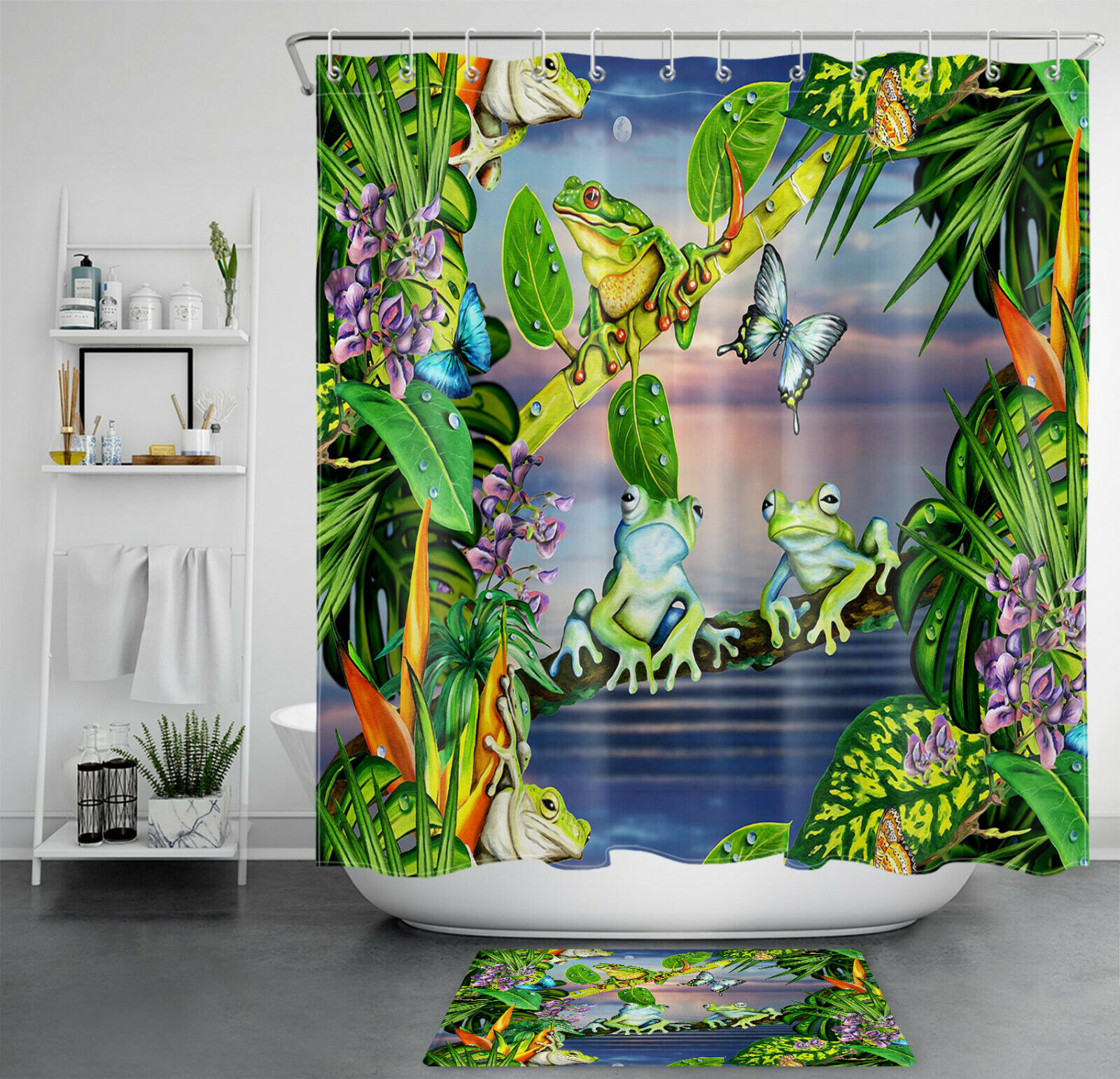 Tropical Plant Shower Curtain Kit Bathroom Decor with Palm Leaf Frog Flower and Butterfly Print