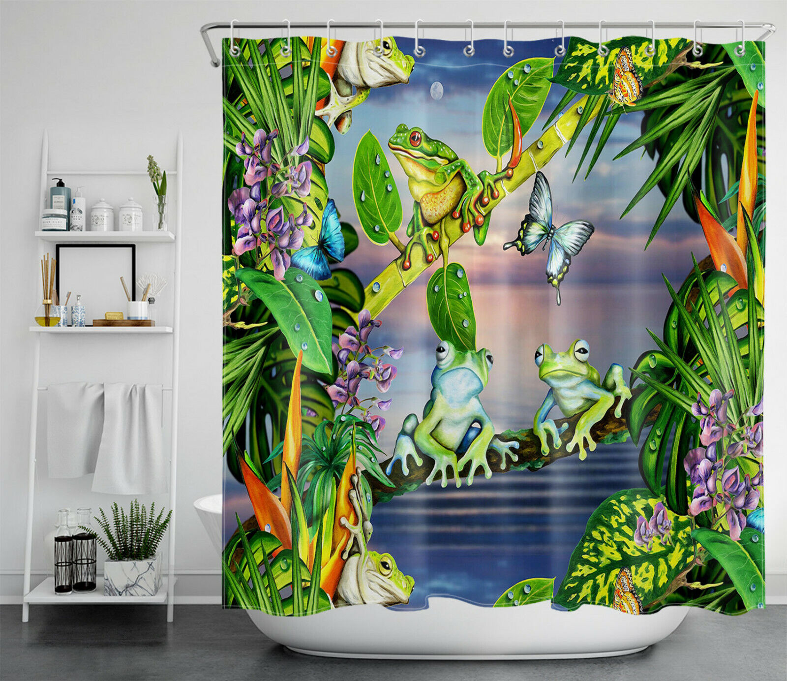 Tropical Plant Shower Curtain Kit Bathroom Decor with Palm Leaf Frog Flower and Butterfly Print