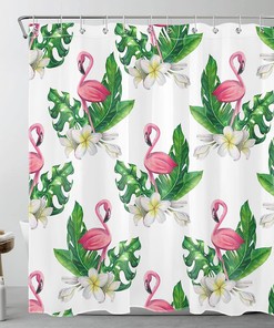 Tropical Plant Shower Curtain, Pink Flamingo Green Leaf Monstera Botanical Floral Bathroom Decor - Ecotob