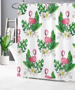Tropical Plant Shower Curtain, Pink Flamingo Green Leaf Monstera Botanical Floral Bathroom Decor - Ecotob