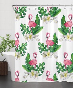 Tropical Plant Shower Curtain, Pink Flamingo Green Leaf Monstera Botanical Floral Bathroom Decor - Ecotob