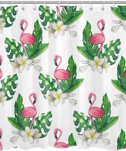 Tropical Plant Shower Curtain, Pink Flamingo Green Leaf Monstera Botanical Floral Bathroom Decor - Ecotob