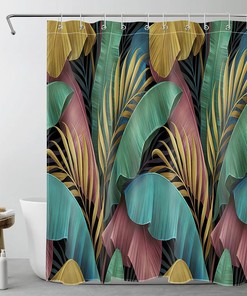 Tropical Plant Shower Curtain With Gold And Teal Palm And Banana Leaf Design For Colorful Bathroom,