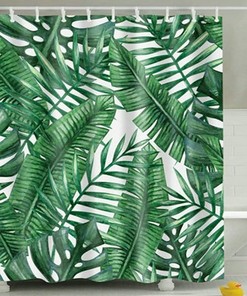 Tropical Plant Shower Curtain With Green Palm And Banana Leaves Print