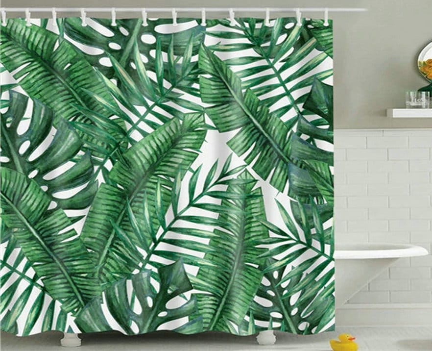 Tropical Plant Shower Curtain With Green Palm And Banana Leaves Print