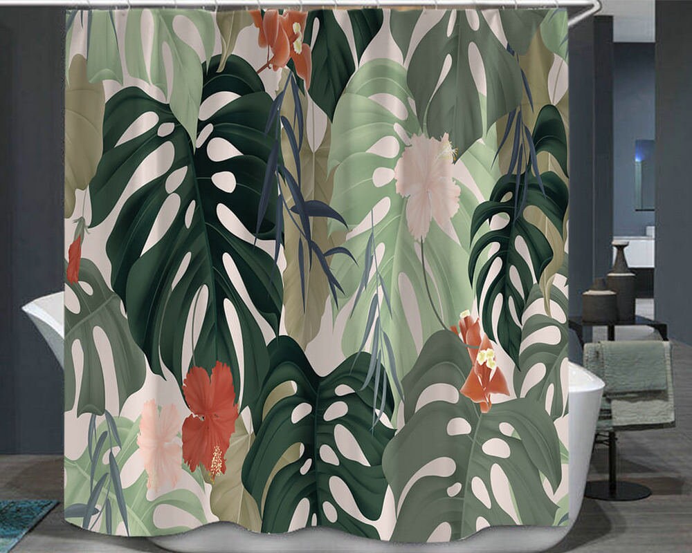 Tropical Plant Shower Curtain With Green Palm And Banana Leaves Print - Image 2