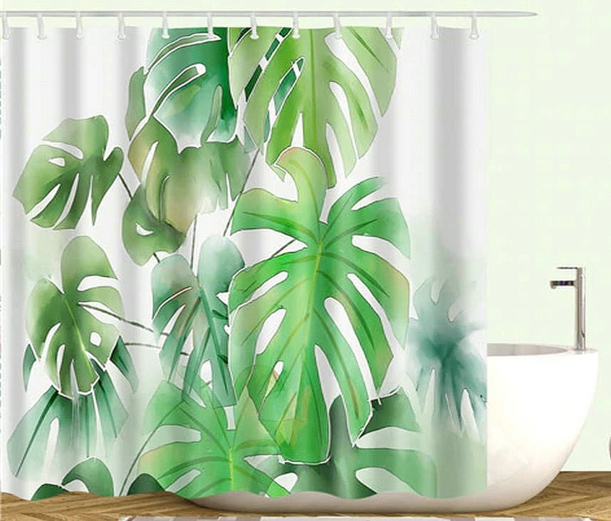 Tropical Plant Shower Curtain With Green Palm And Banana Leaves Print - Image 3