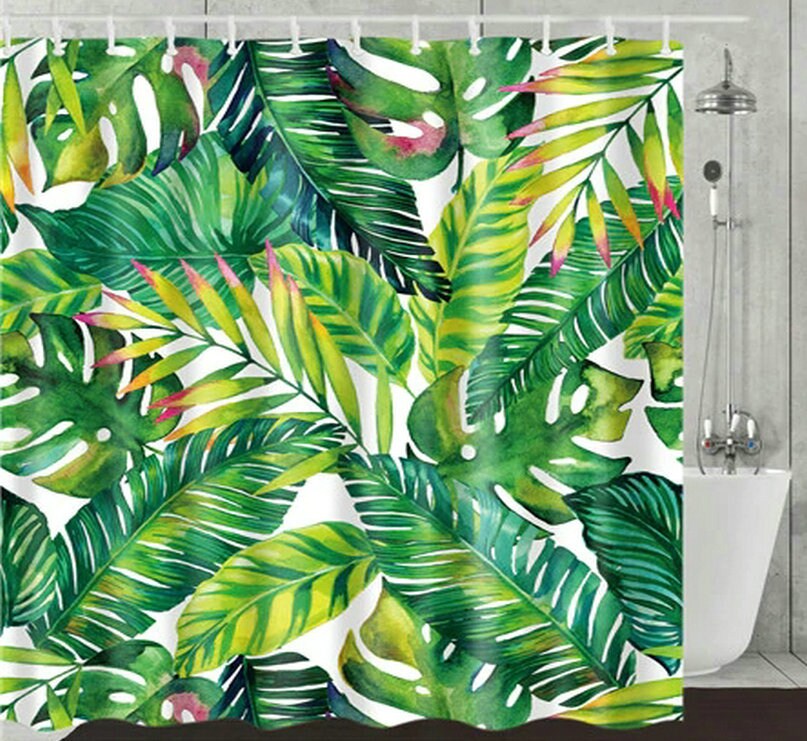 Tropical Plant Shower Curtain With Green Palm And Banana Leaves Print - Image 4