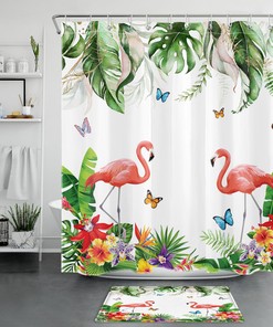 Tropical Plant and Flamingo Shower Curtain for Summer Bathroom Decor