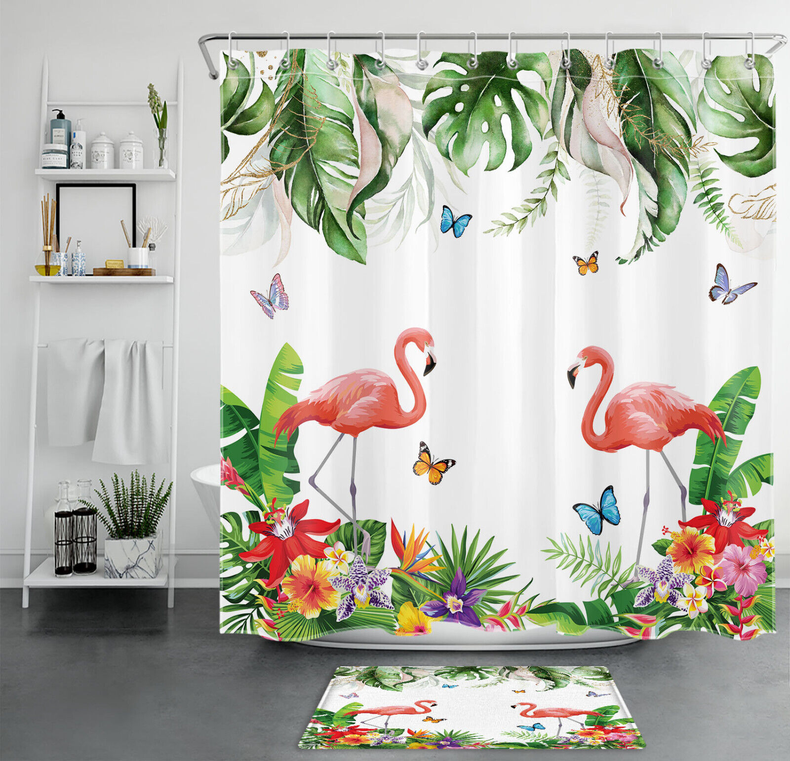 Tropical Plant and Flamingo Shower Curtain for Summer Bathroom Decor