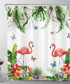 Tropical Plant and Flamingo Shower Curtain for Summer Bathroom Decor