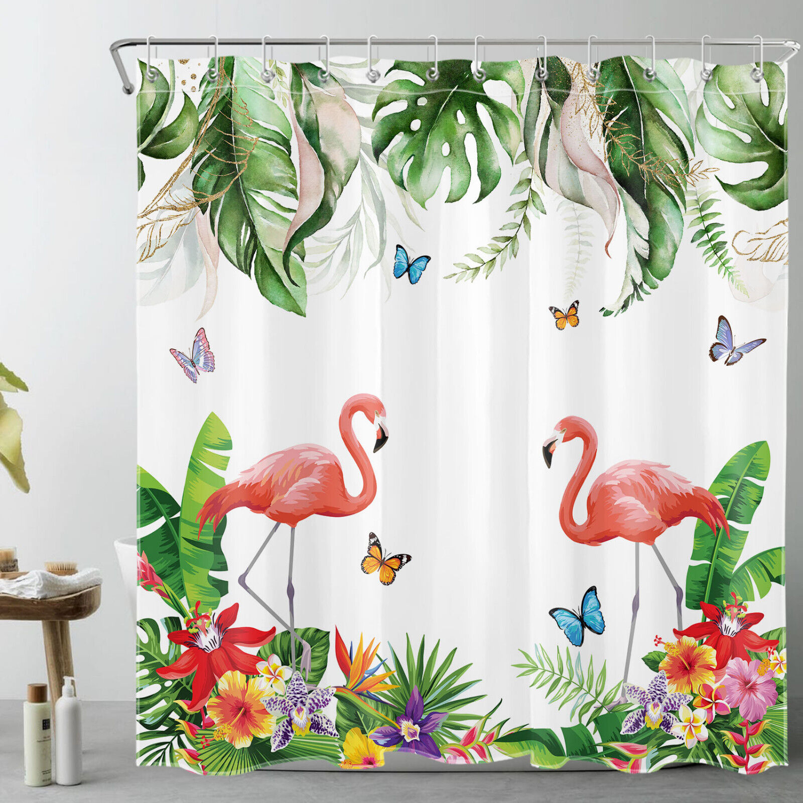 Tropical Plant and Flamingo Shower Curtain for Summer Bathroom Decor