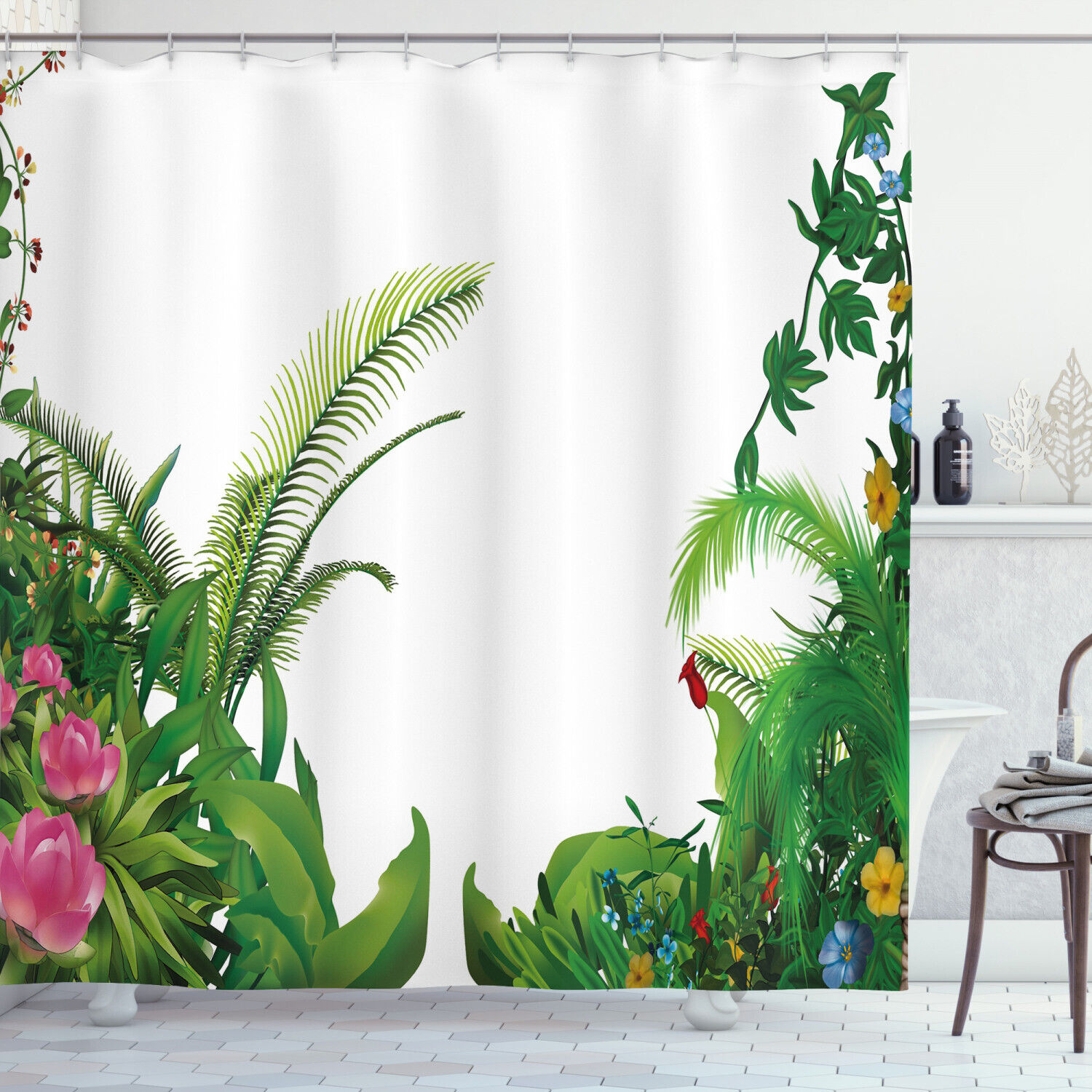 Tropical Plants Print Shower Curtain for Bathroom with Plant Print