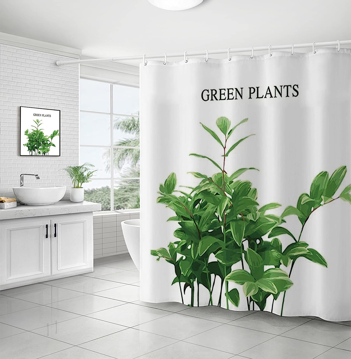 Tropical Plants Shower Curtain, Green Leaf Bathroom Decor, Botanical Waterproof Fabric