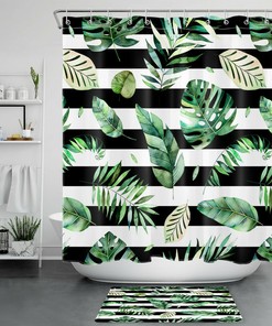 Tropical Plants and Stripes Shower Curtain - Modern Bathroom Decor