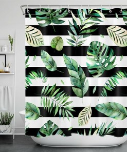 Tropical Plants and Stripes Shower Curtain - Modern Bathroom Decor