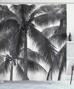 Tropical Print Gray Shower Curtain With Coconut Palms For Bathrooms