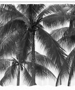 Tropical Print Gray Shower Curtain With Coconut Palms For Bathrooms