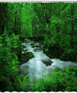 Tropical Rainforest Shower Curtain Jungle Green Waterfall Landscape Bathroom Decor