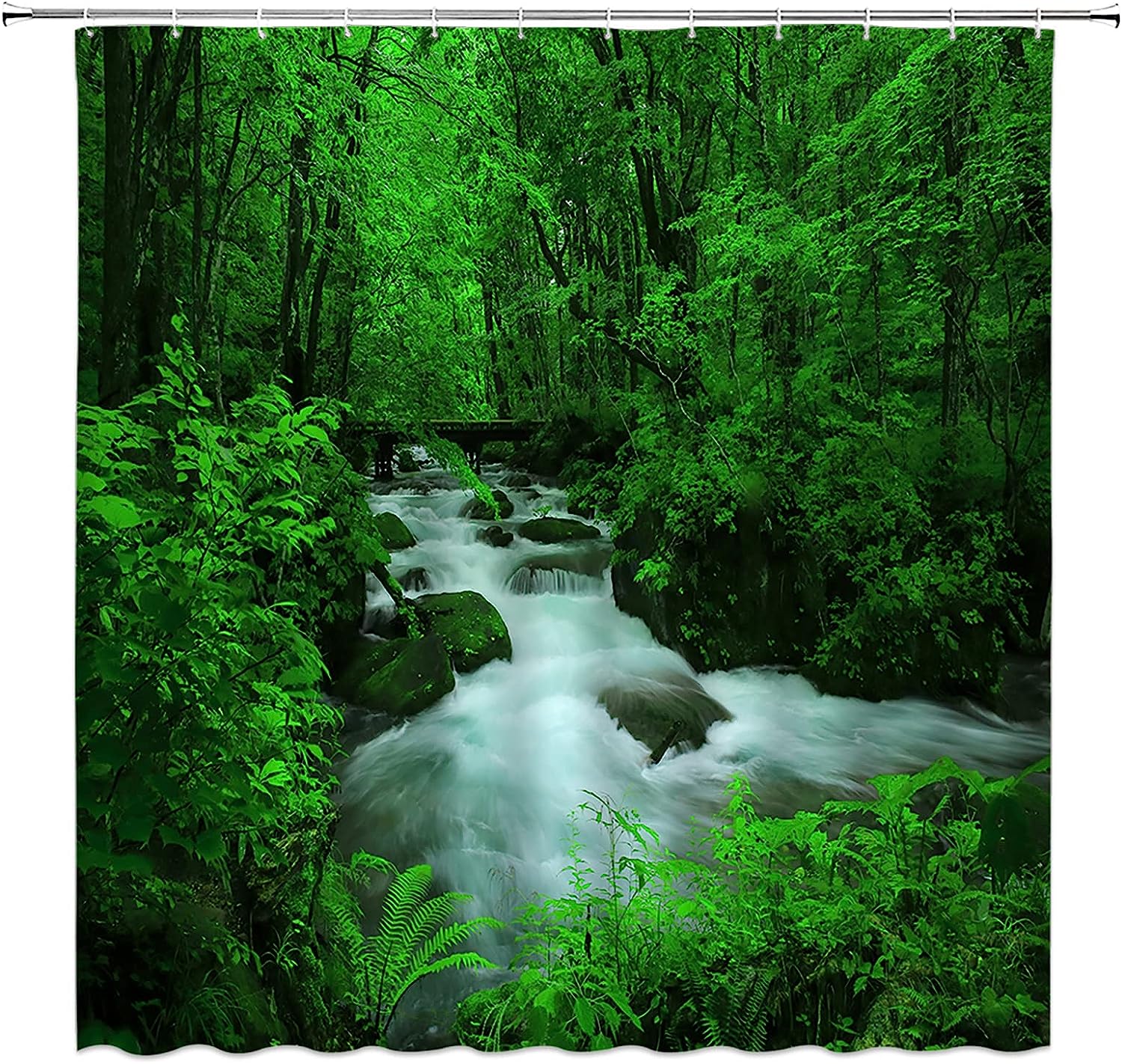Tropical Rainforest Shower Curtain Jungle Green Waterfall Landscape Bathroom Decor