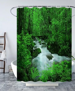 Tropical Rainforest Shower Curtain Jungle Green Waterfall Landscape Bathroom Decor