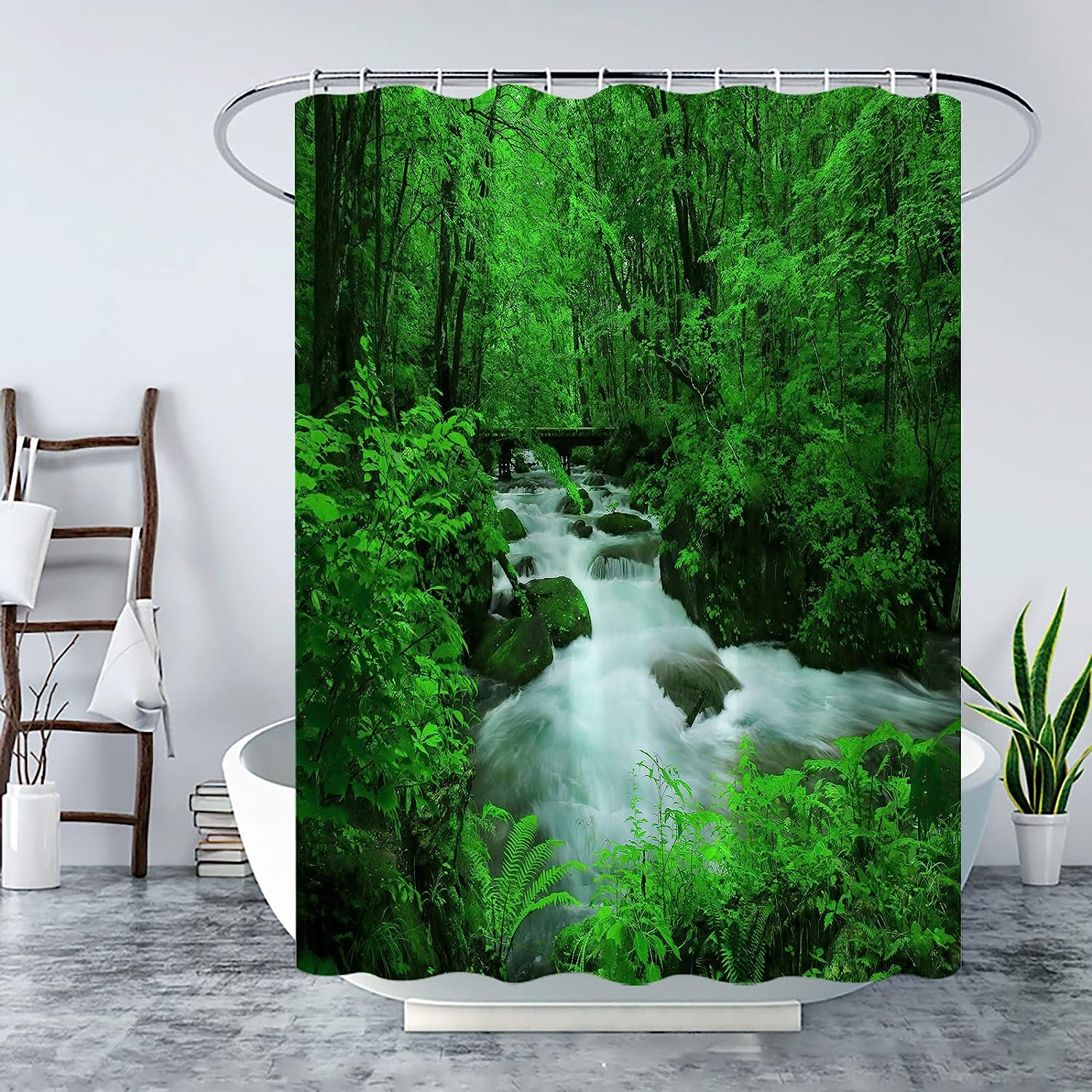 Tropical Rainforest Shower Curtain Jungle Green Waterfall Landscape Bathroom Decor