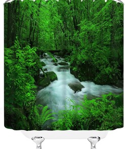 Tropical Rainforest Shower Curtain Jungle Green Waterfall Landscape Bathroom Decor