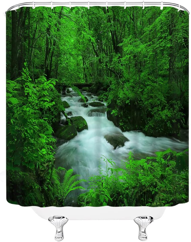 Tropical Rainforest Shower Curtain Jungle Green Waterfall Landscape Bathroom Decor
