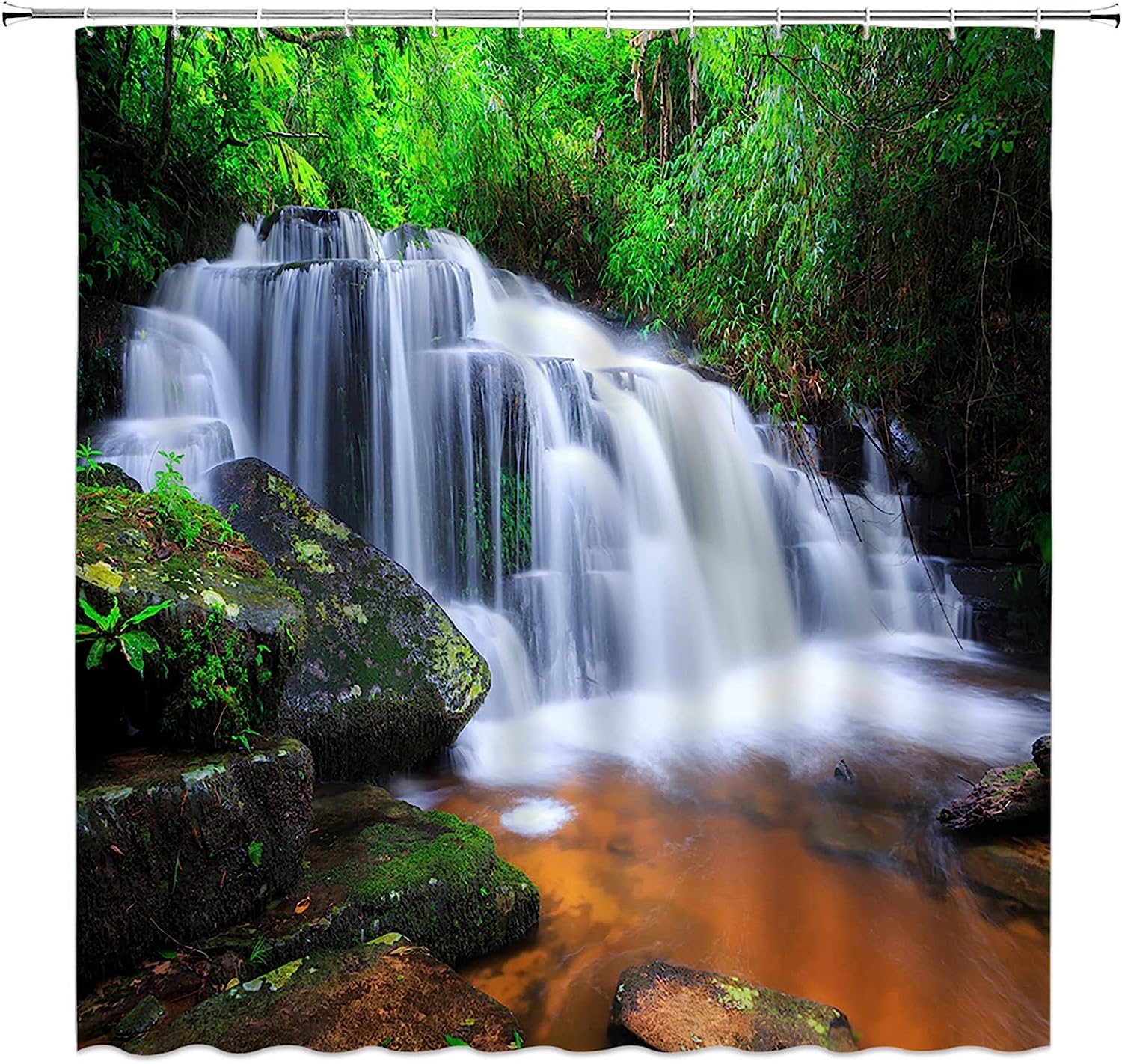 Tropical Rainforest Shower Curtain Jungle Waterfall Nature Landscape Bathroom Decor
