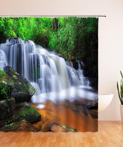 Tropical Rainforest Shower Curtain Jungle Waterfall Nature Landscape Bathroom Decor