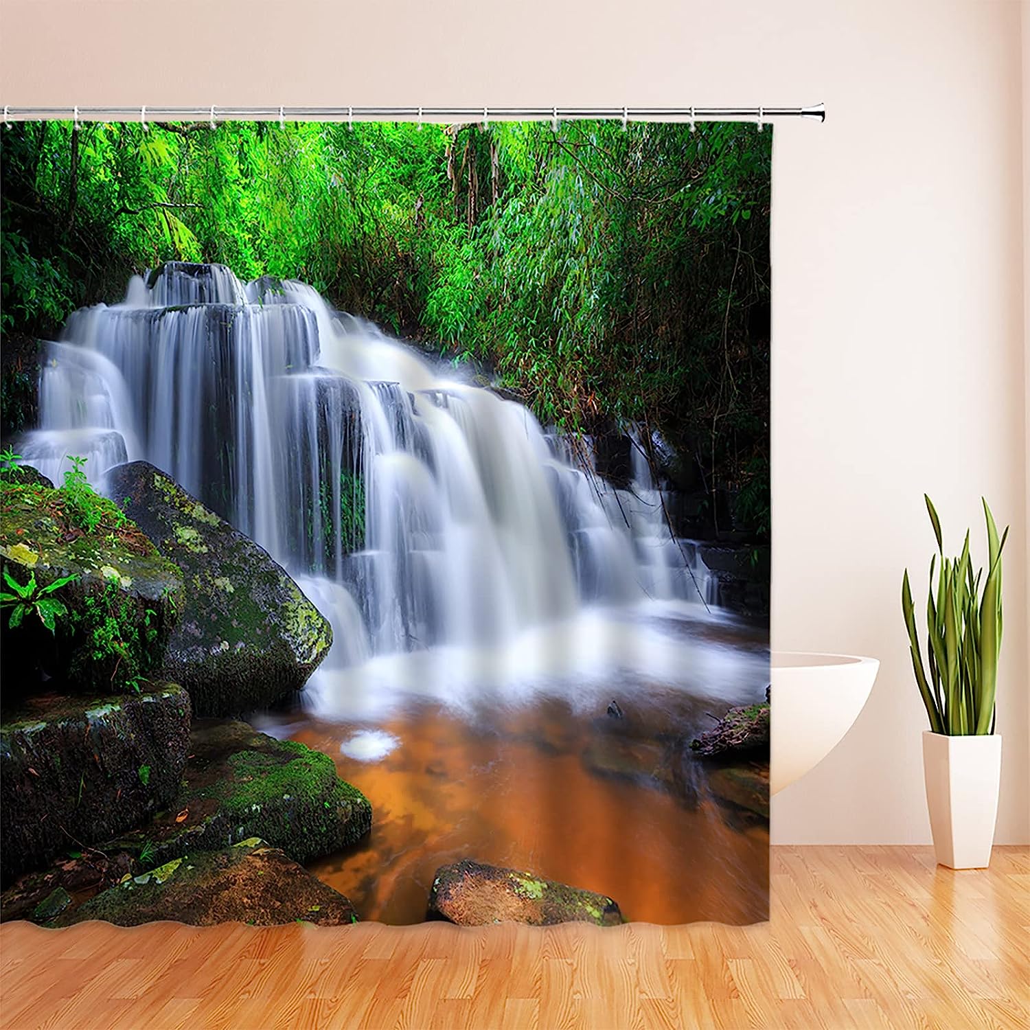 Tropical Rainforest Shower Curtain Jungle Waterfall Nature Landscape Bathroom Decor