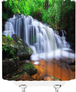 Tropical Rainforest Shower Curtain Jungle Waterfall Nature Landscape Bathroom Decor