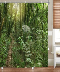 Tropical Rainforest Shower Curtain Lush Green Foliage Jungle Bath Decor Waterproof Fabric Curtain