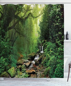 Tropical Rainforest Shower Curtain, Palm Trees And Plants With Wild Nature Theme Illustration